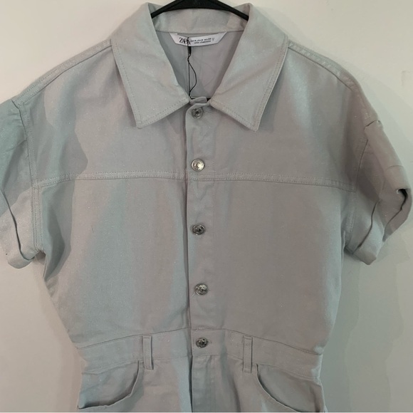 Zara Shimmery Metallic Gray Denim Jumpsuit Romper Size Medium - Picture 8 of 14